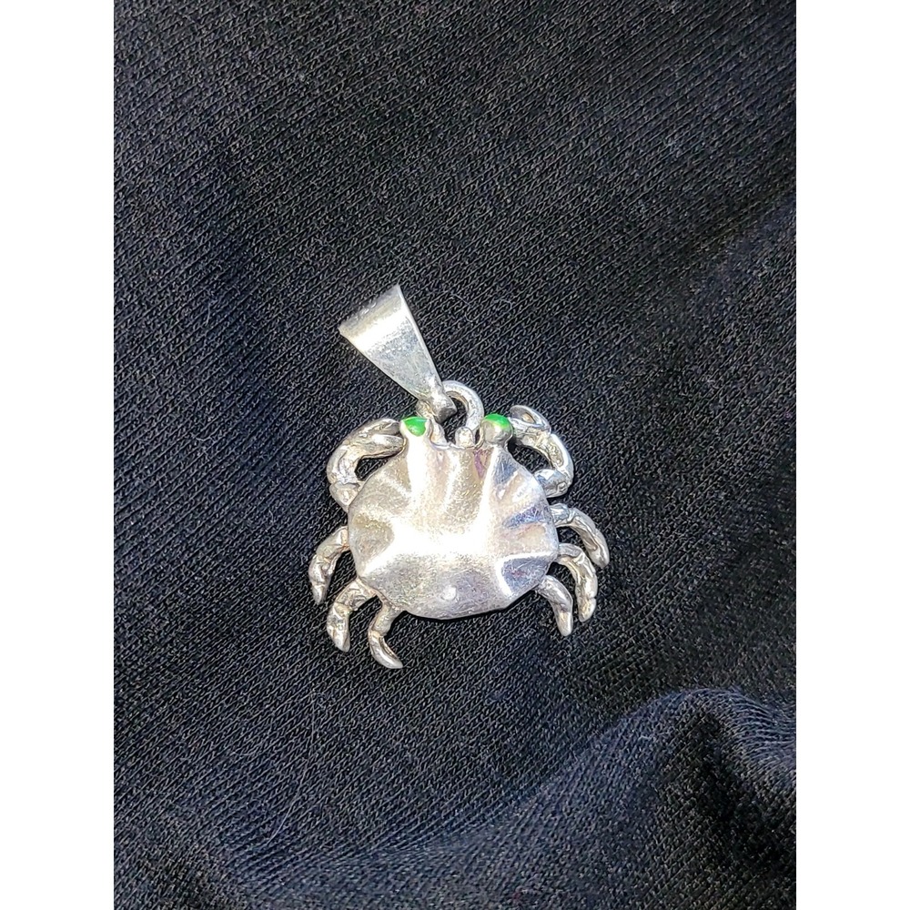 Vintage Sterling Silver Crab Charm Pendant Green Eyes‎ 925 Unique Animal